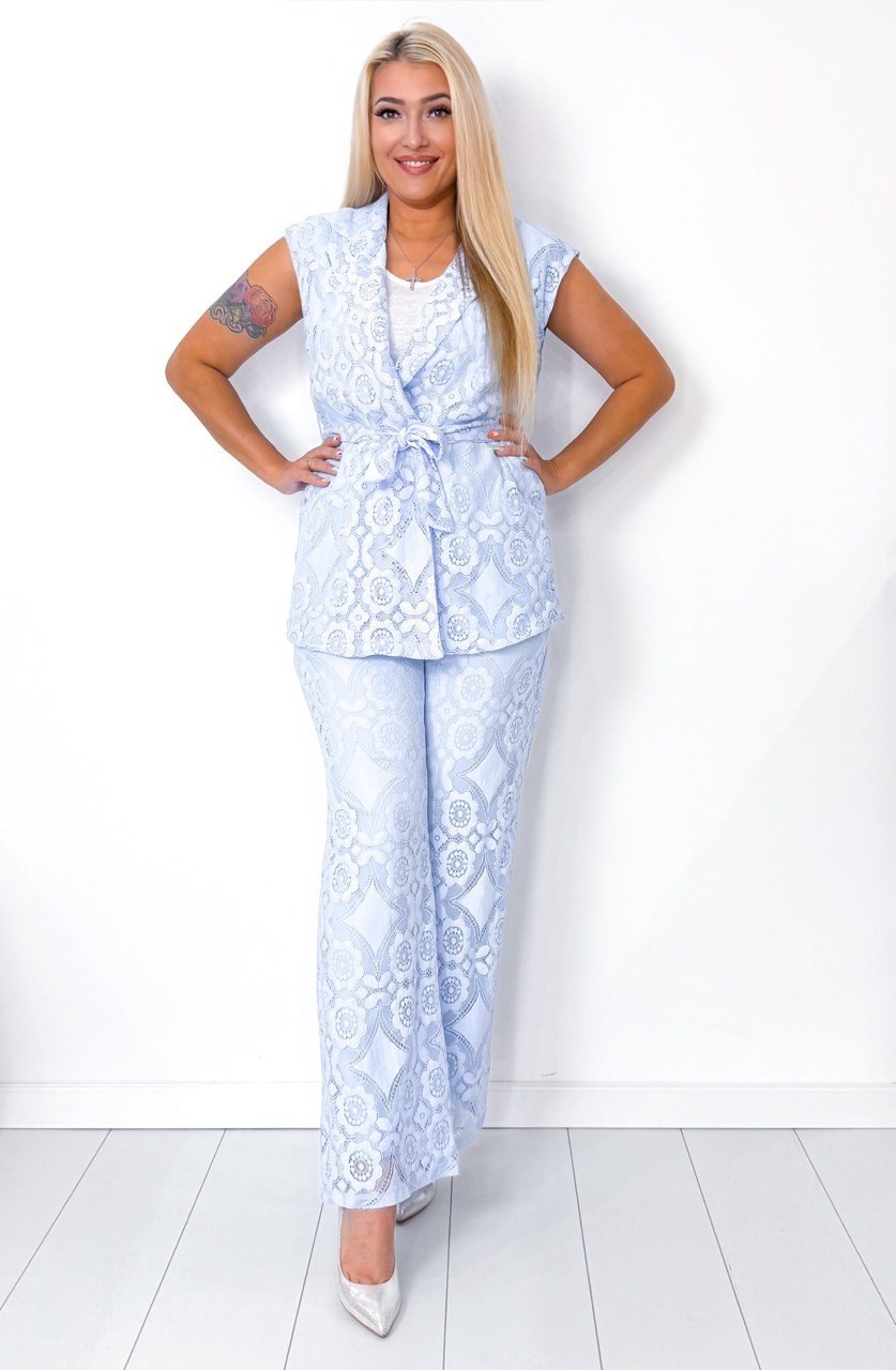 костюм двойка гипюр,брючный костюм к5-5450/4 бирюзовый,брючный костюм к5-5450/4,костюм женский wisell к5-5450 голубой 48 ru,гипюровый кардиган
