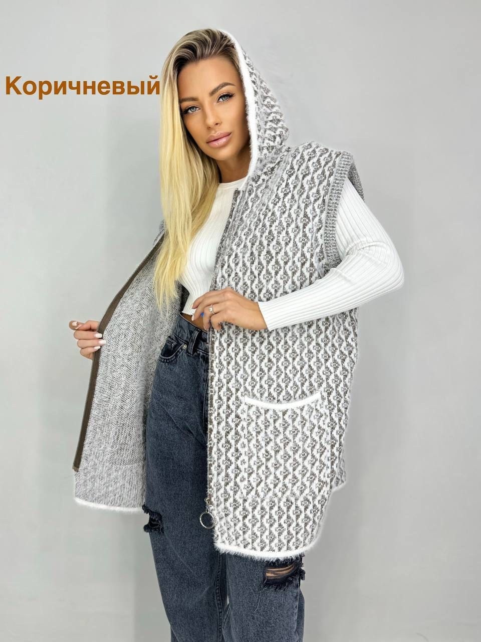 жилет женская вязаная,жилет вязаный,жилет трикотажный,вязаная безрукавка,жилетка удлиненная