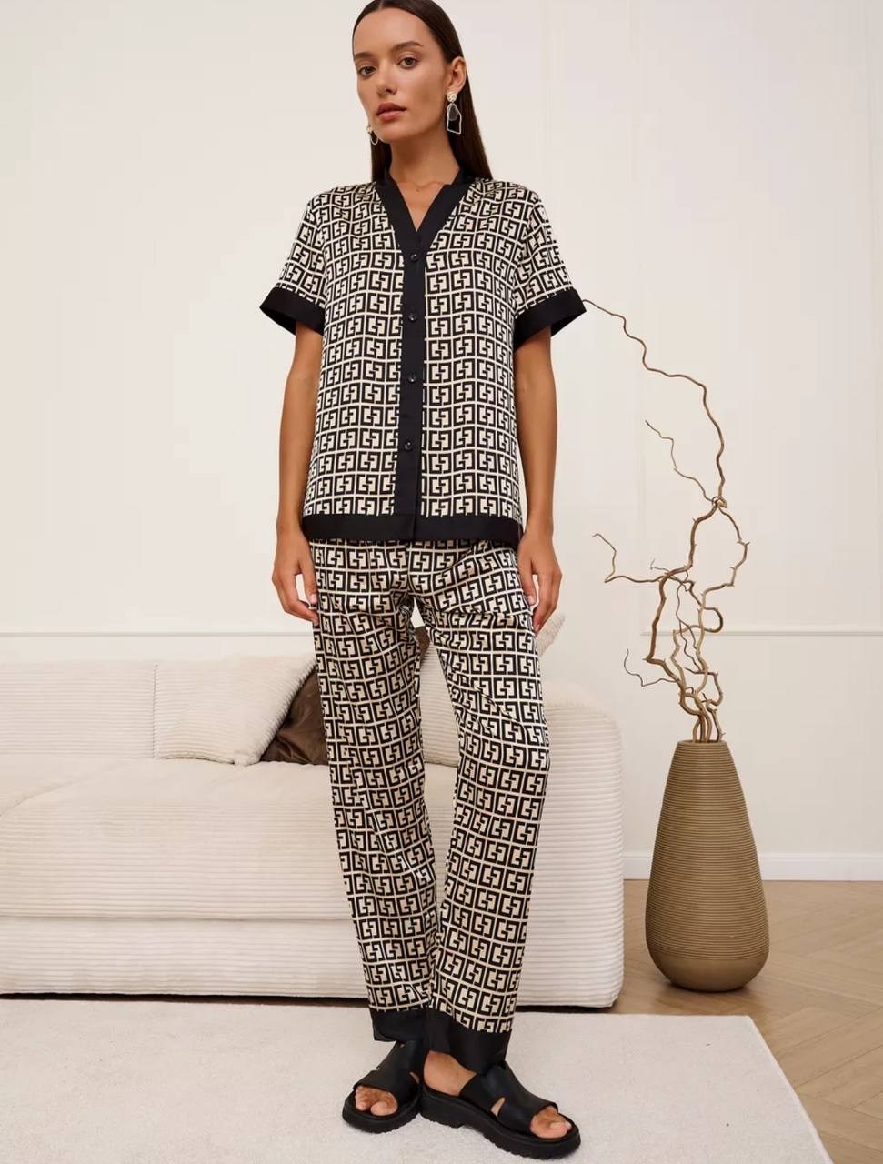 пижама женская,пижама фенди,пижама женская со штанами шелковая для сна,пижамы для женщин,стильная пижама