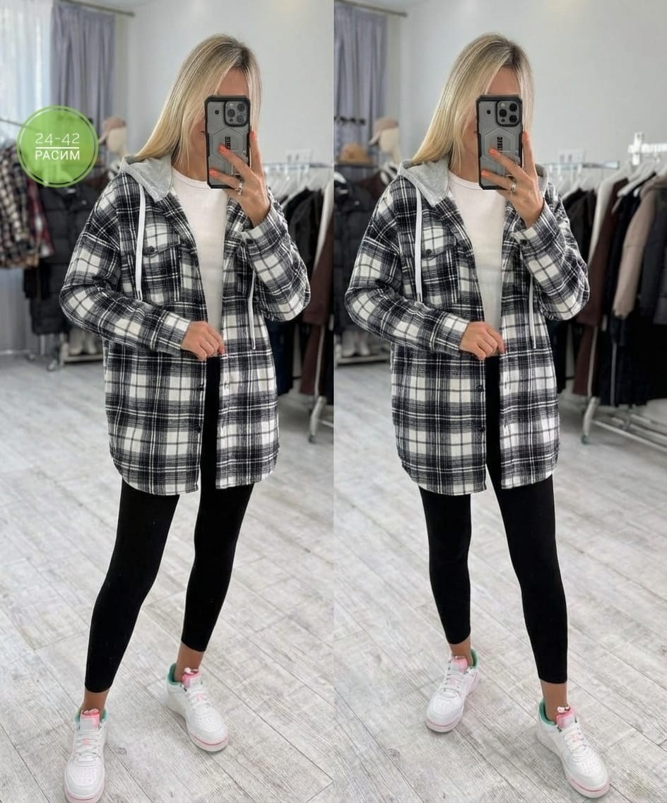 рубашка оверсайз теплая в клетку удлиненная amy store,женская рубашка с смехом внутри размер единый 42-48,рубашка женская в клетку с капюшоном,женская рубашка,рубашка в клетку тёплая женская