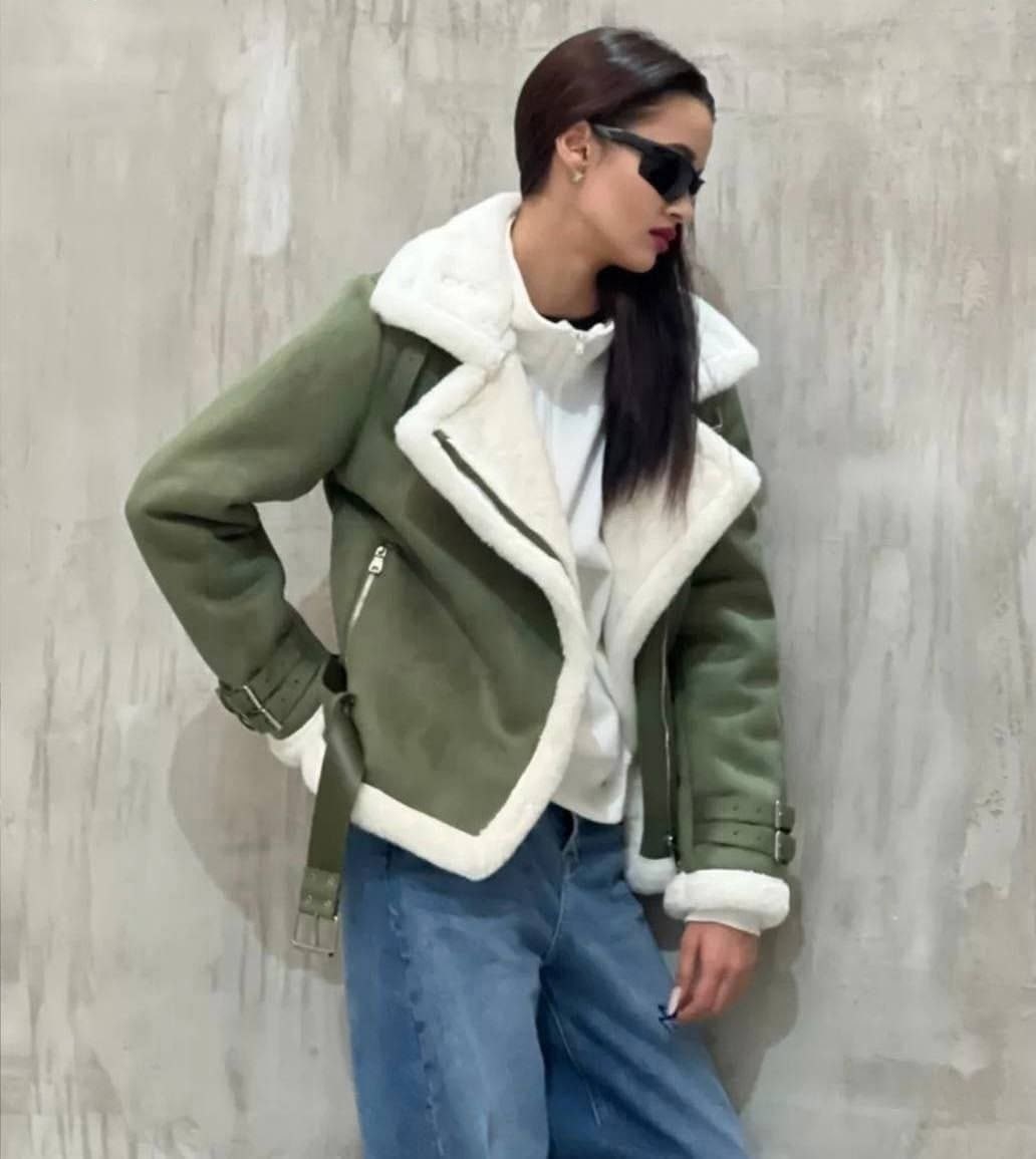 женская дубленка,зеленая куртка-дубленка с меховой отделкой,зеленая дубленка,дубленка авиатор зара,дубленка