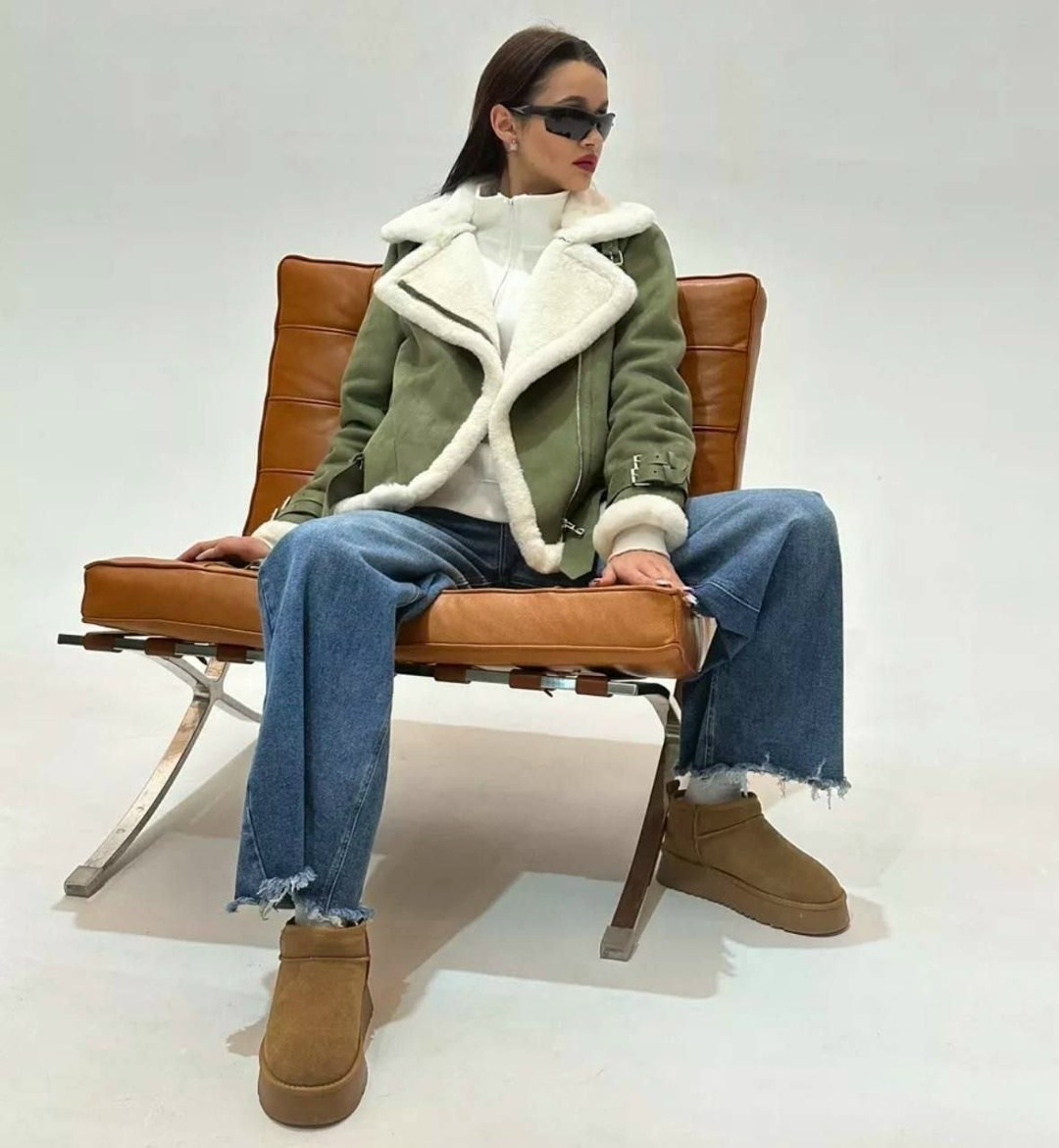 женская дубленка,зеленая куртка-дубленка с меховой отделкой,зеленая дубленка,дубленка авиатор зара,дубленка