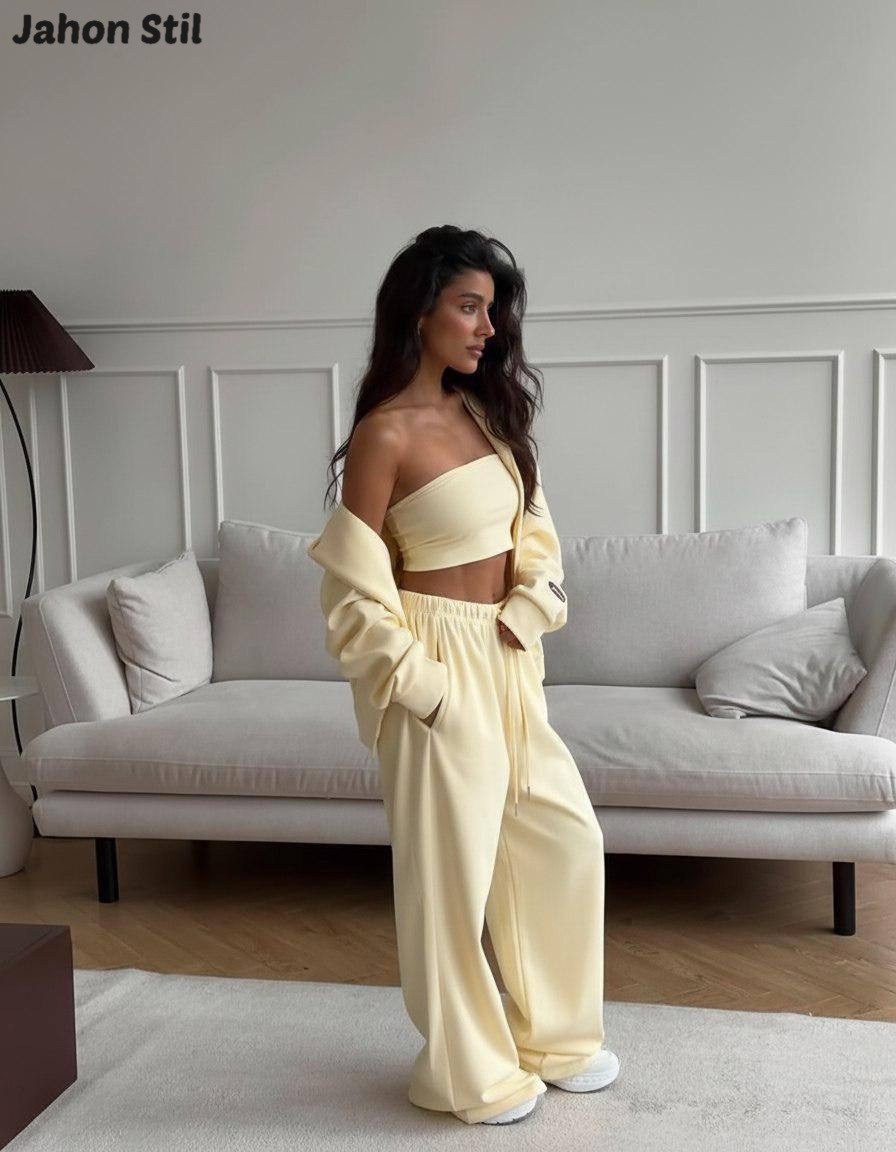 костюм спортивный на молнии палаццо с кулиской liya цвет желтый,спортивный костюм с брюками на кулиске tennis club w suits цвет лимонный желтый,костюм женский,костюм спортивный на молнии палаццо с кул