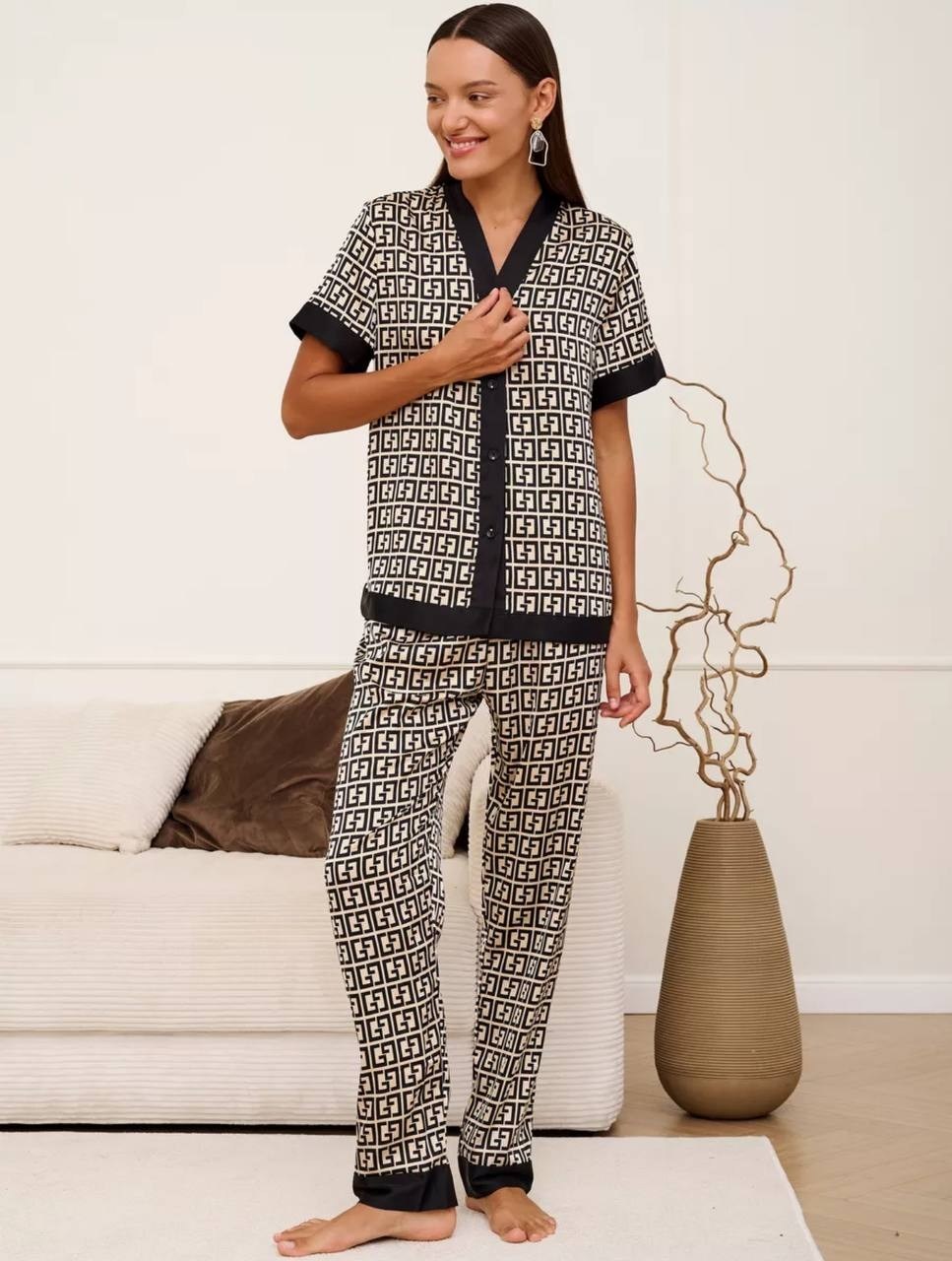 пижама женская,пижама фенди,пижама женская со штанами шелковая для сна,пижамы для женщин,стильная пижама