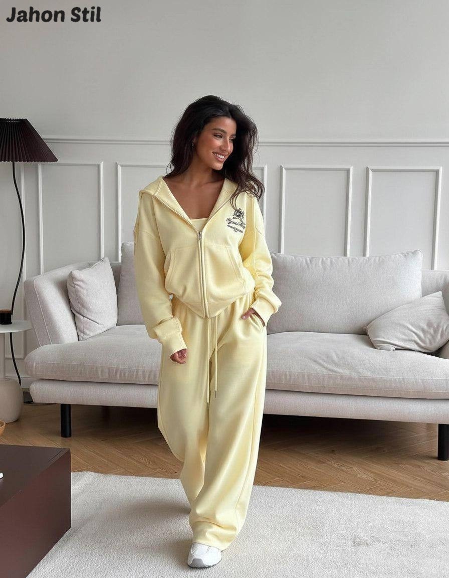 костюм спортивный на молнии палаццо с кулиской liya цвет желтый,спортивный костюм с брюками на кулиске tennis club w suits цвет лимонный желтый,костюм женский,костюм спортивный на молнии палаццо с кул