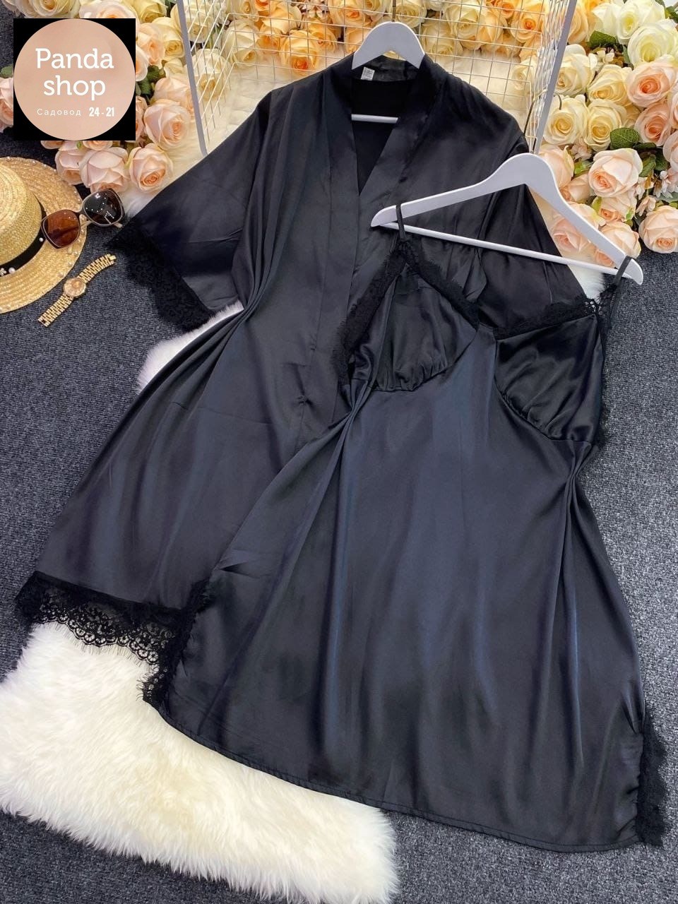 пеньюар женский,шелковый комплект с кружевом пеньюар и халат батал 48-62 р-ры,комплект ночная сорочка с халатом,пеньюар комплект кружевной халат и сорочка mira style цвет черный,комплект с пеньюаром