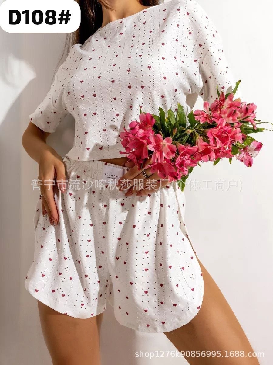 пижама с сердечками с шортами и топом костюм летний для дома umood 218997300,пижама женская с шортам,пижама с шортами,пижама с сердечками с шортами и топом костюм летний для дома umood,пижама женская