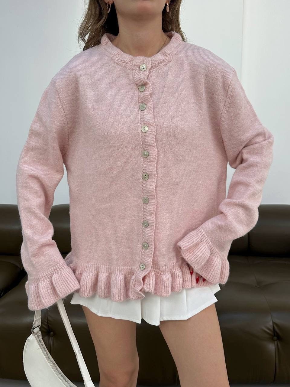 розовый кардиган,кардиган женский,кардиган с рюшами,кардиган,кардиган твидовый