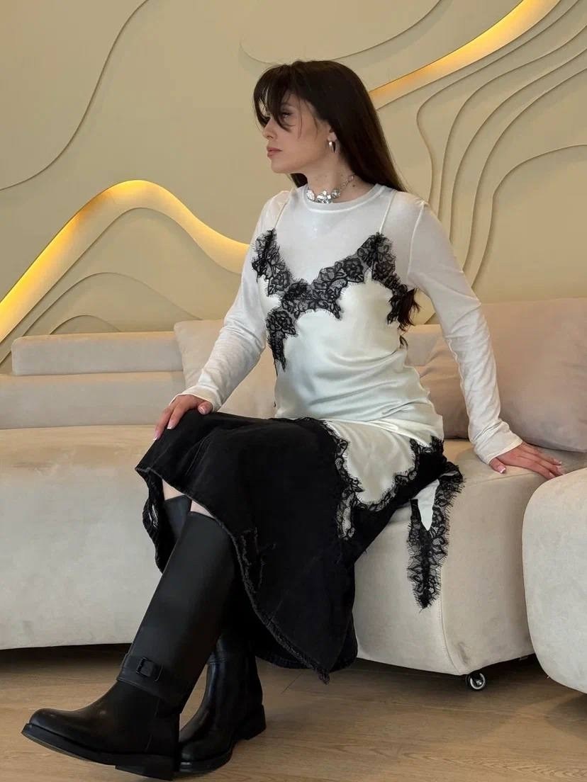 юбка ассиметричная с кружевом identica,высокая мода,платье стиль,юбка с кружевами