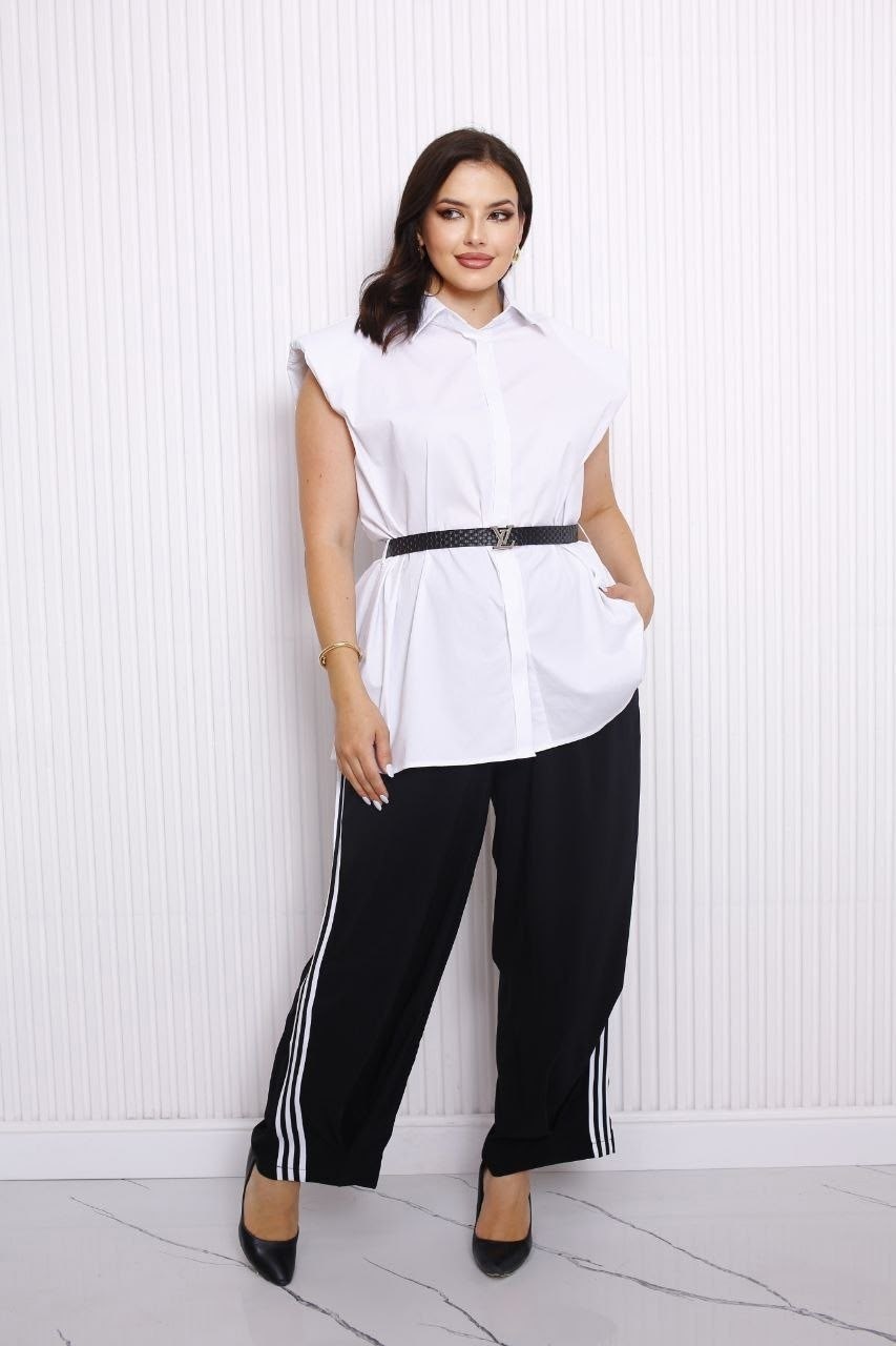 блуза удлиненная,белый брючный костюм,брючный комплект,женский брючный костюм,брюки свободного кроя