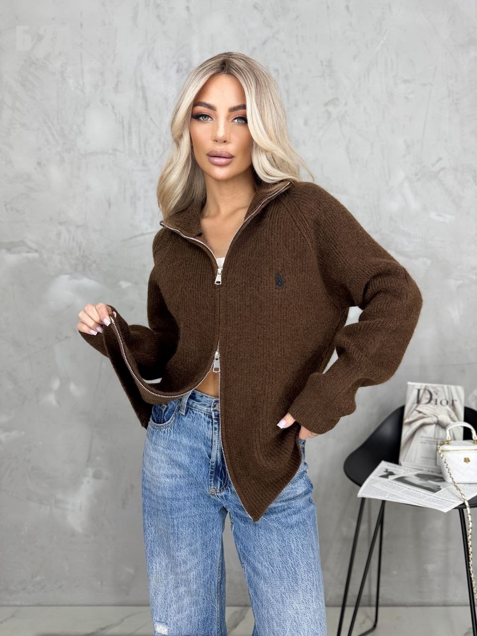 свитер вязаный оверсайз с горлом и молнией dh fashion,кофта вязаная,женская кофта,модная кофта,свитер оверсайз кофта