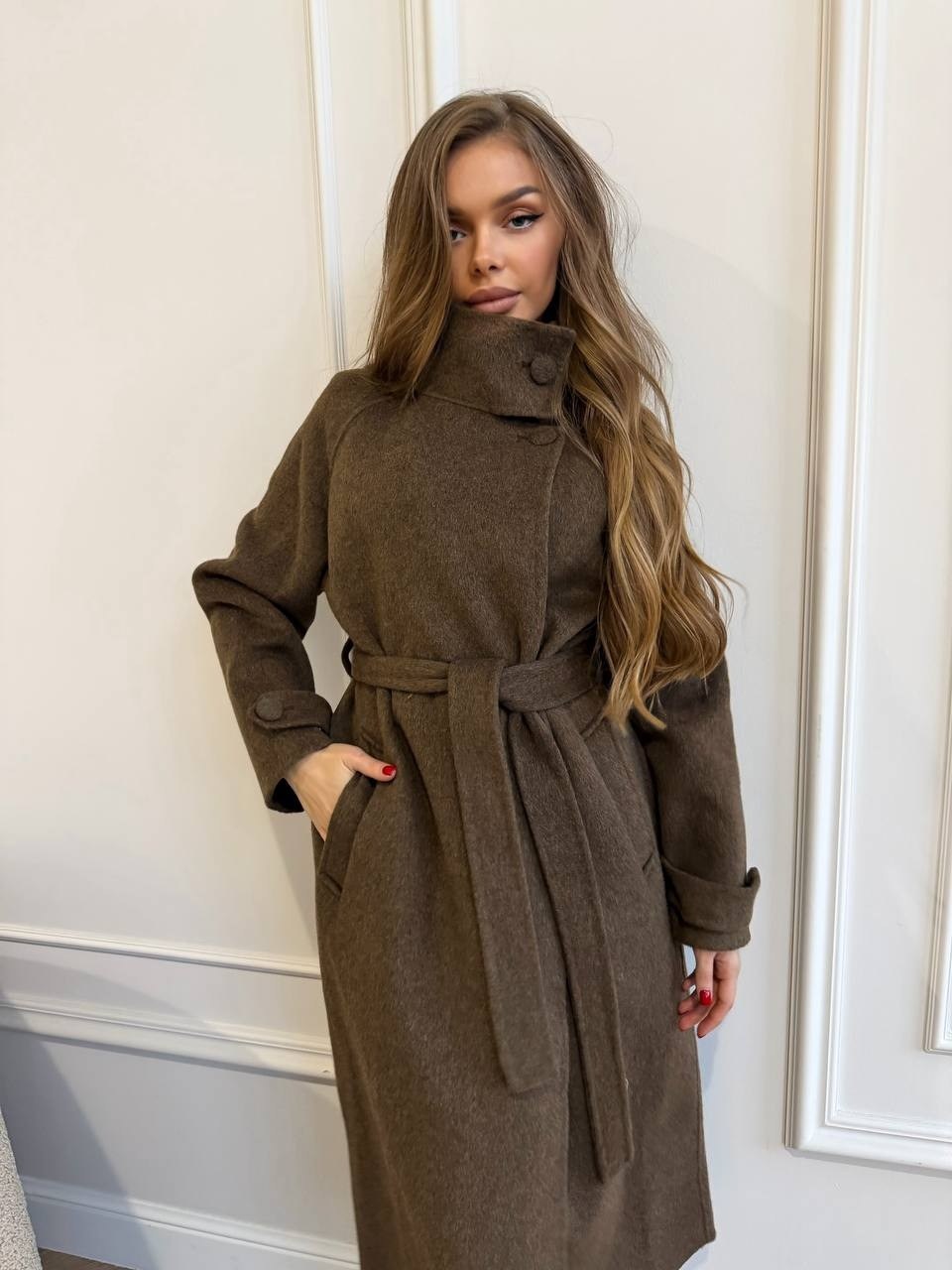 женское кашемировое шерстяное длинное пальто,шерстяное удлиненное пальто цвета мокко,шерстяное удлиненное пальто цвета мокко gepur,женское пальто,пальто с воротником