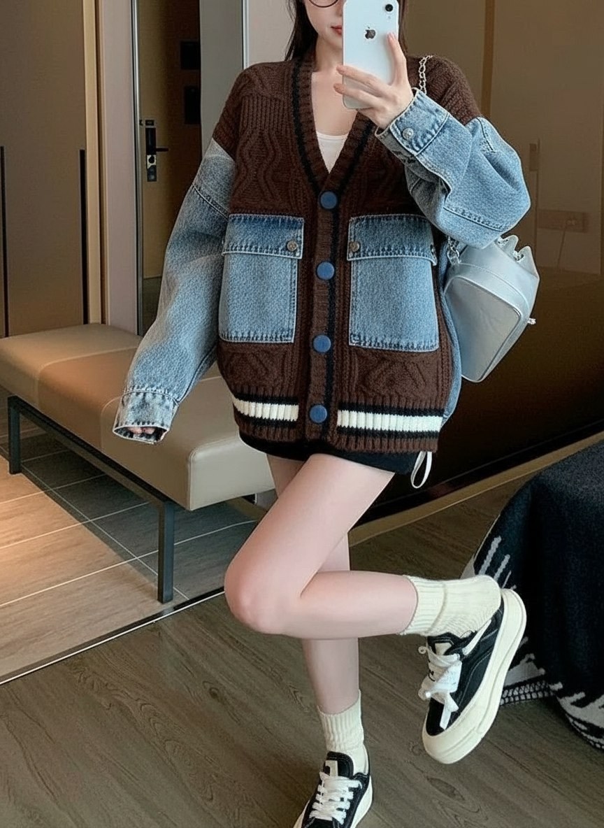 осенняя женская джинсовая лоскутная вязаная куртка-кардиган,кардиган джинсовый женский,женская джинсовая лоскутная вязаная куртка-кардиган,джинсовый кардиган,джинсовый кардиган женский большого размер