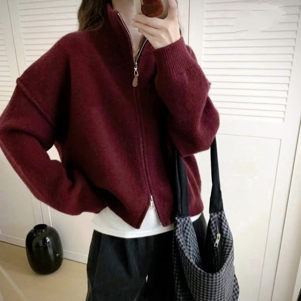 женская кофта,кофта кардиган,трендовый джемпер на молнии dina style,свитер вязаный трикотажный с молнией c горлом,женский свитер