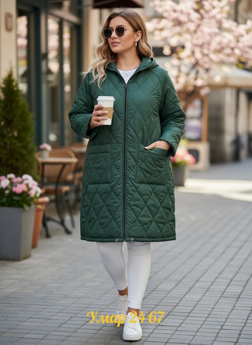 куртка демисезонная,удлиненная куртка,куртка демисезонная женская,куртка стеганая,куртка стеганая больших размеров ltmoda темно-зеленый