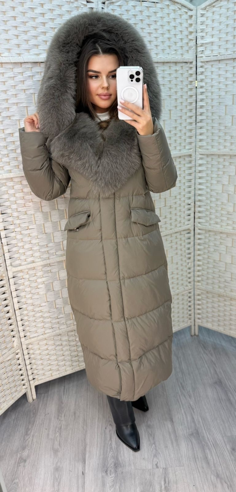 пуховик,пуховик женский,пуховик удлиненный с капюшоном vo-tarun,пуховик с мехом,женский длинный пуховик с натуральным мехом