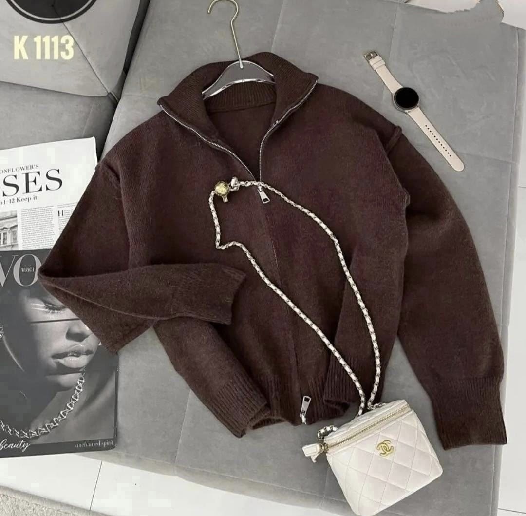 женская кофта,кофта кардиган,трендовый джемпер на молнии dina style,свитер вязаный трикотажный с молнией c горлом,женский свитер