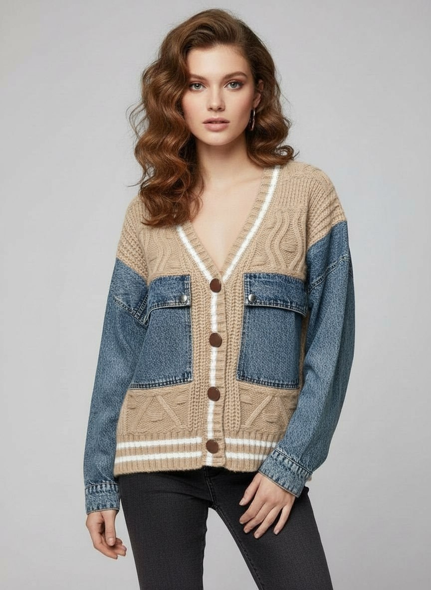 осенняя женская джинсовая лоскутная вязаная куртка-кардиган,кардиган джинсовый женский,женская джинсовая лоскутная вязаная куртка-кардиган,джинсовый кардиган,джинсовый кардиган женский большого размер