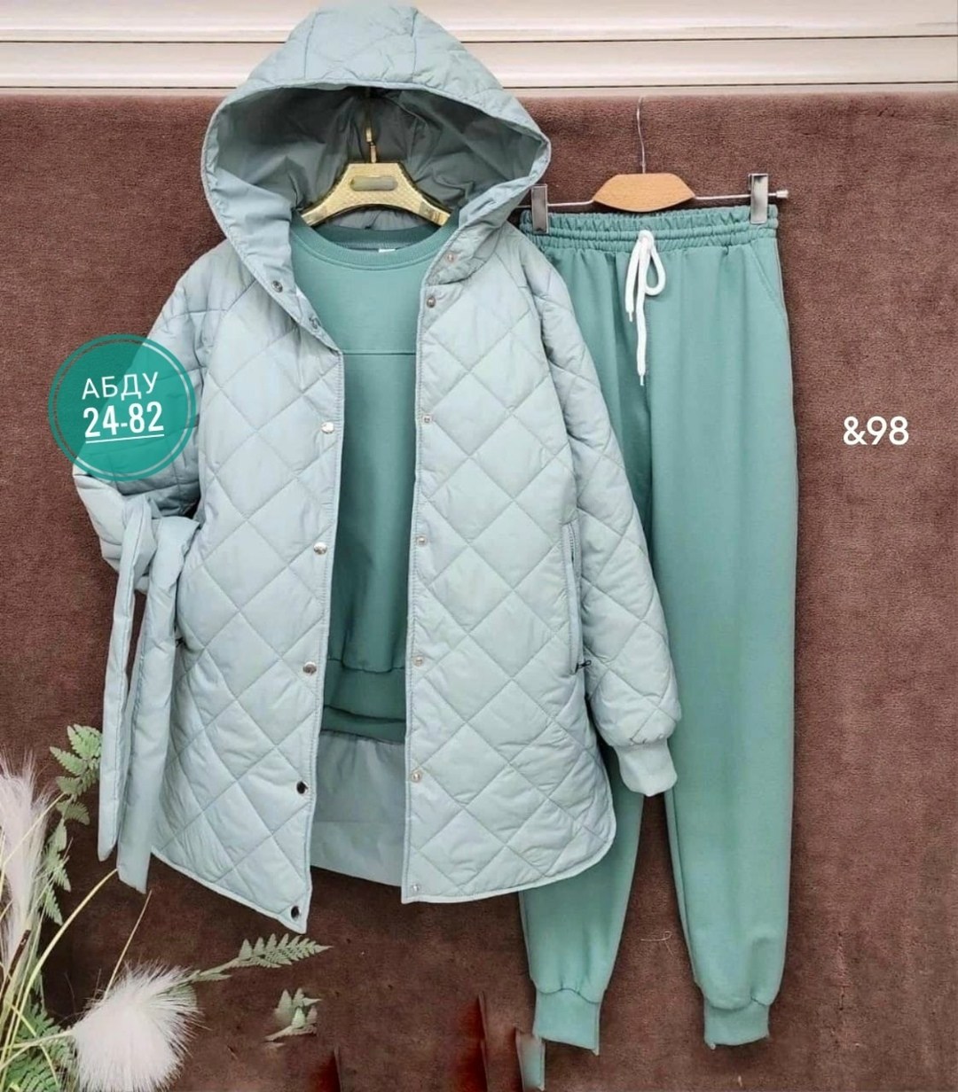 костюм спортивный тройка с длинным стеганым пальто cubi shop,костюм теплый на флисе,куртка-жатка,костюм тройка с курткой,костюм женский на флисе