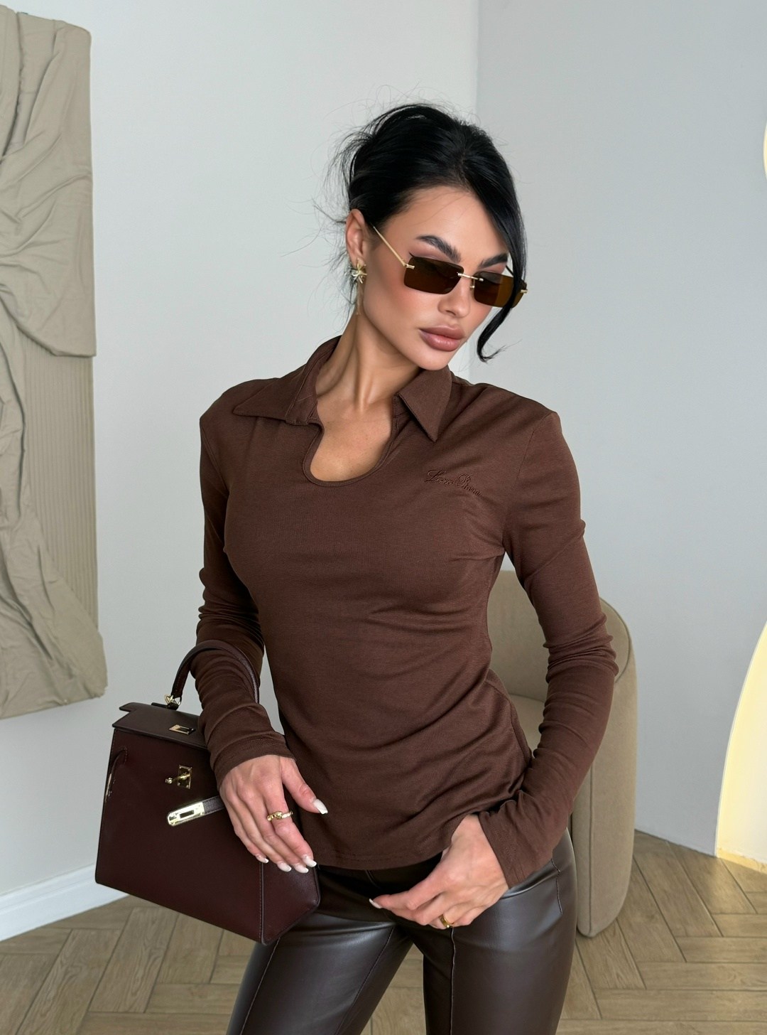 лонгслив поло женский кф101 шоколад,стильная кофта,базовая кофта,женская кофта,кофта