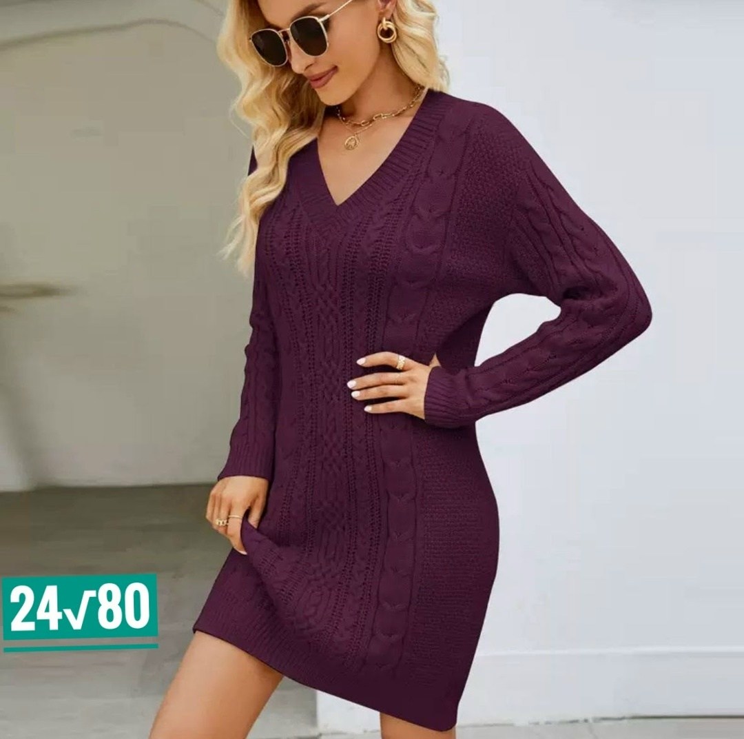 платье женское вязаное,женское платье-свитер средней длины со свободным низом l винный,вязаное платье теплое,вязаное платье свитер,платье туника вязаная