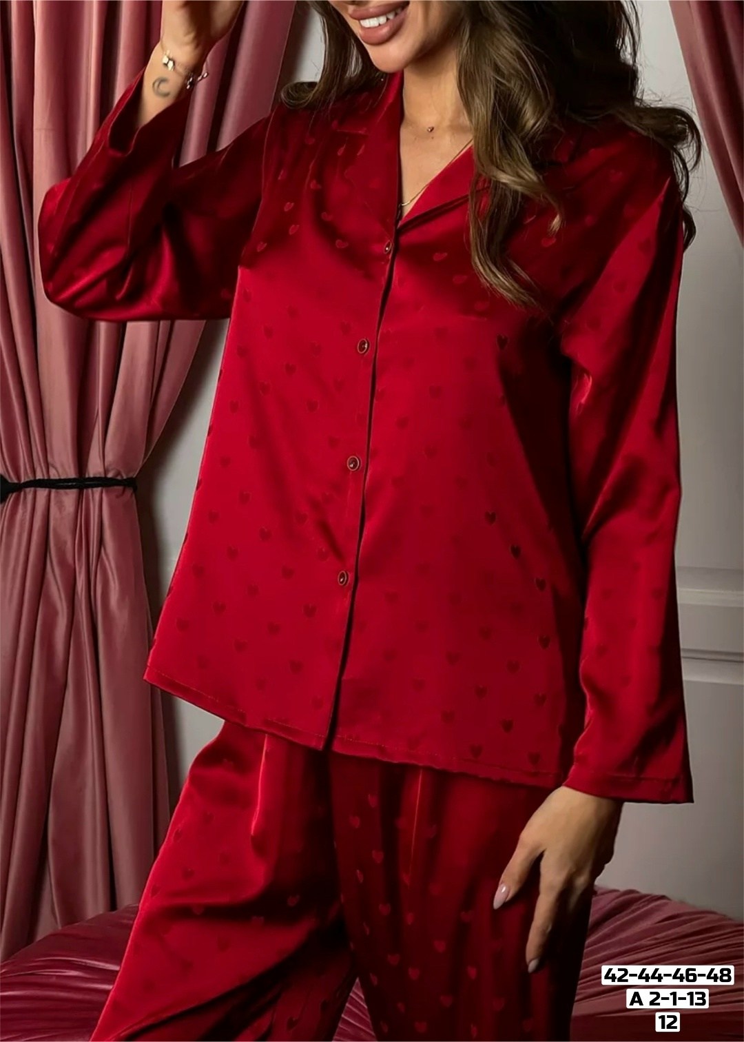 пижама с брюками и рубашкой шелковая amenue цвет красный,пижама с брюками и рубашкой шелковая amenue,женская пижама из японского шелка арт.487549,сатиновая пижама с брюками,пижама женская со штанами ш