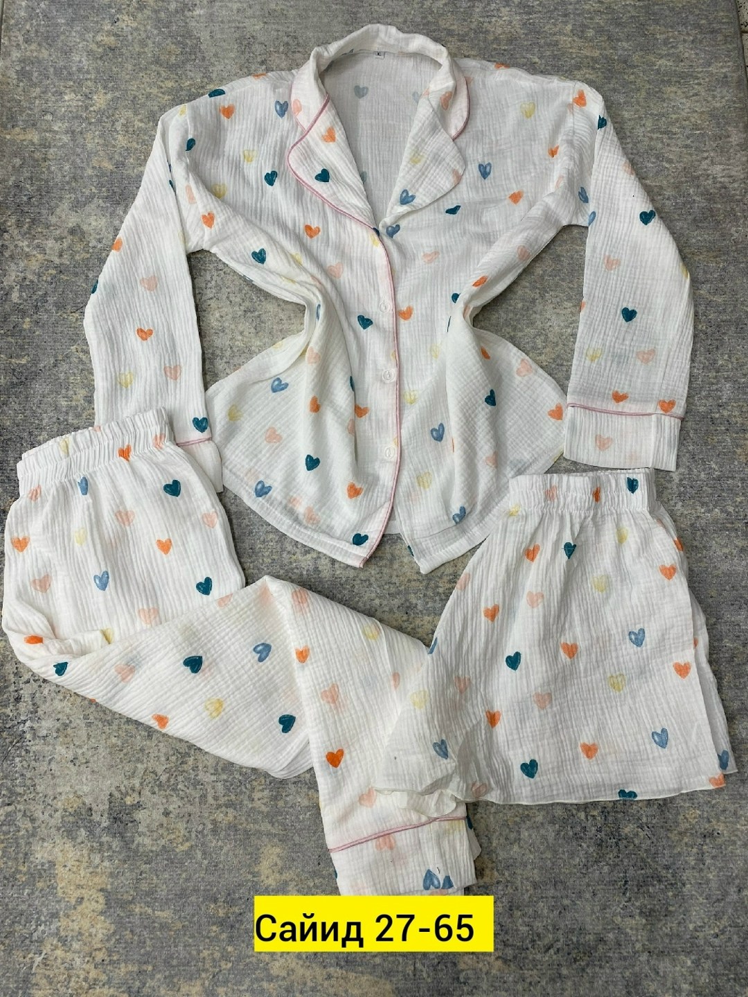 пижама хлопковая,женская пижама,модные пижамы,пижама со штанами в сердечко муслиновая vosanam,пижама для женщин