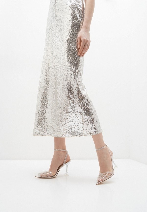 женские босоножки,серебряная юбка,серебристые босоножки,платье миди на бретельках с пайетками warehouse серебро,платье с пайетками