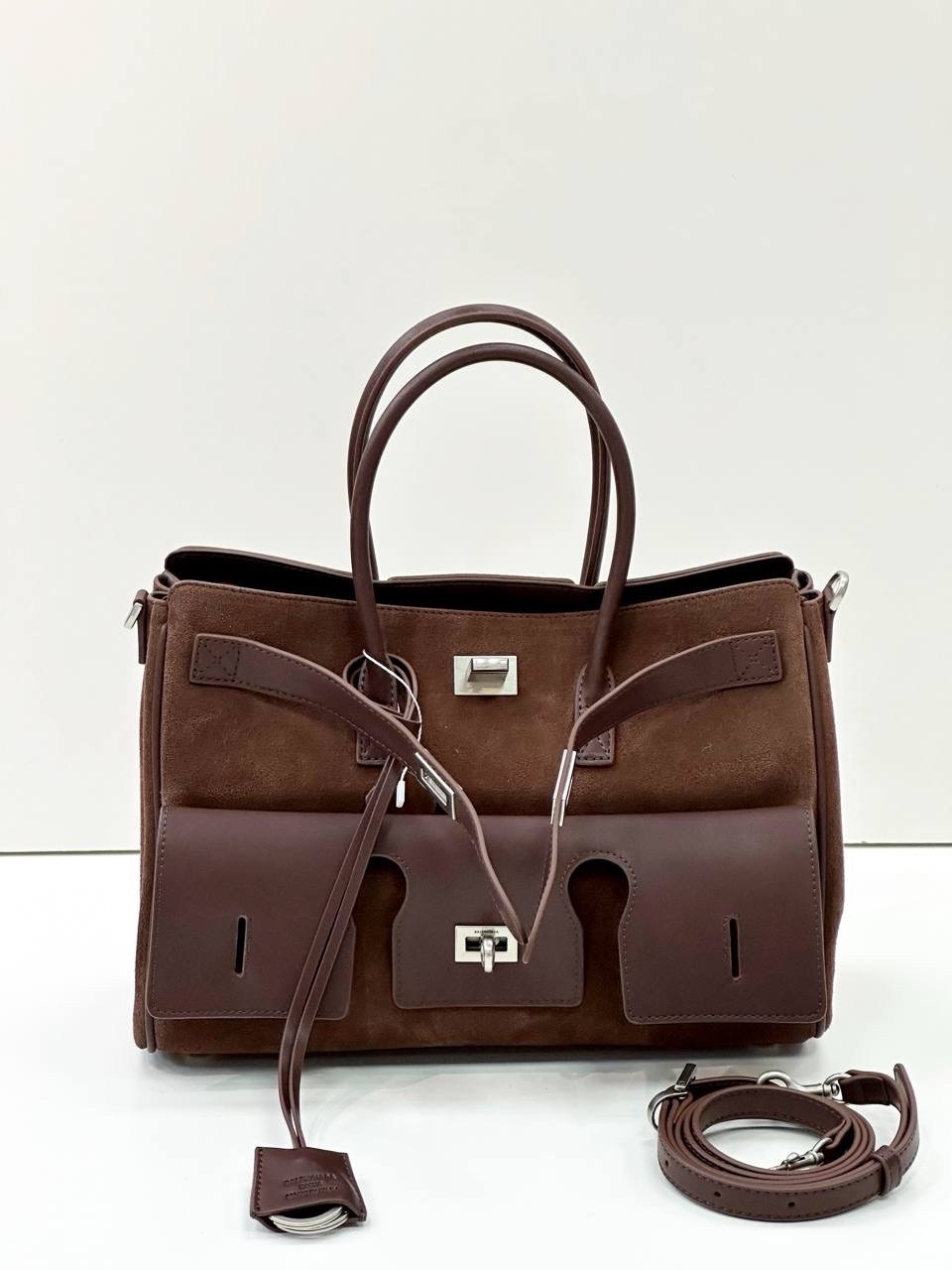 женская сумка из натуральной замши и кожи от balenciaga,сумка balenciaga bel air женская замшевая vera pelle,сумка женская,женская замшевая сумка balenciaga коричневая с кожаными вставками,сумка из на