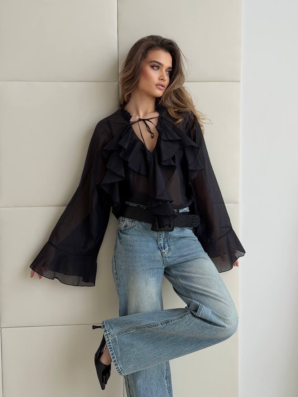 блузка с воланом,блузка прозрачная,блузы женские,шифоновая блузка черная,блузка