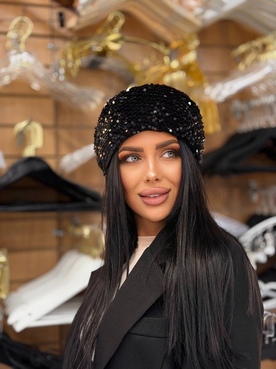 шапка из ангора с люрексом aikow&i,шапка с пайетками,женская шапка со стразами,берет с пайетками,шапка вязаная со стразами