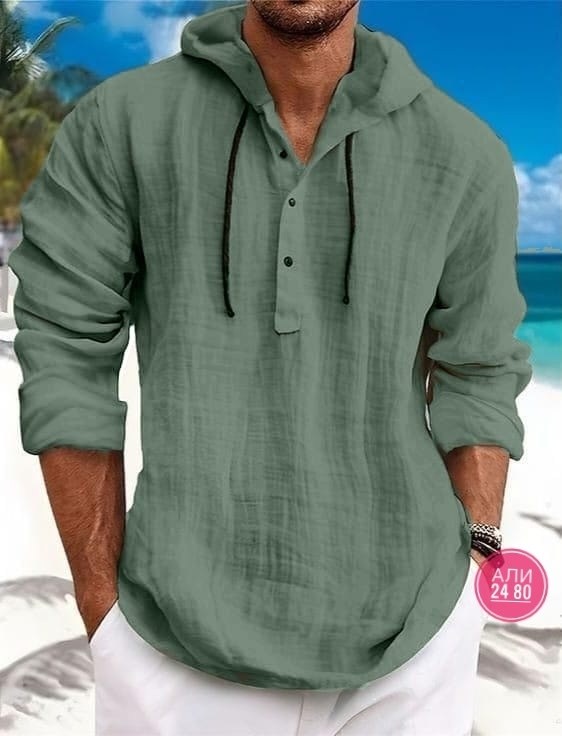 рубашка льняная мужская,рубашка мужская с капюшоном,рубашка с капюшоном,рубашка мужская летняя,мужская повседневная рубашка