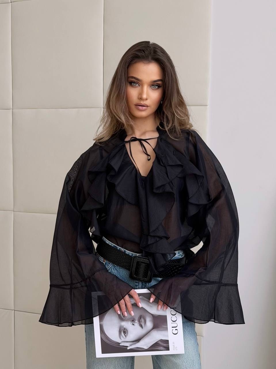 блузка с воланом,блузка прозрачная,блузы женские,шифоновая блузка черная,блузка