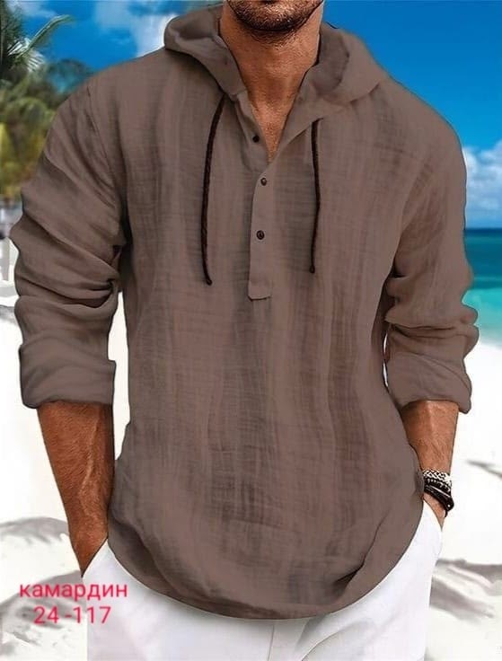 рубашка мужская льняная,рубашка мужская с капюшоном,льняная рубашка летняя,рубашка для мужчин,рубашка с капюшоном