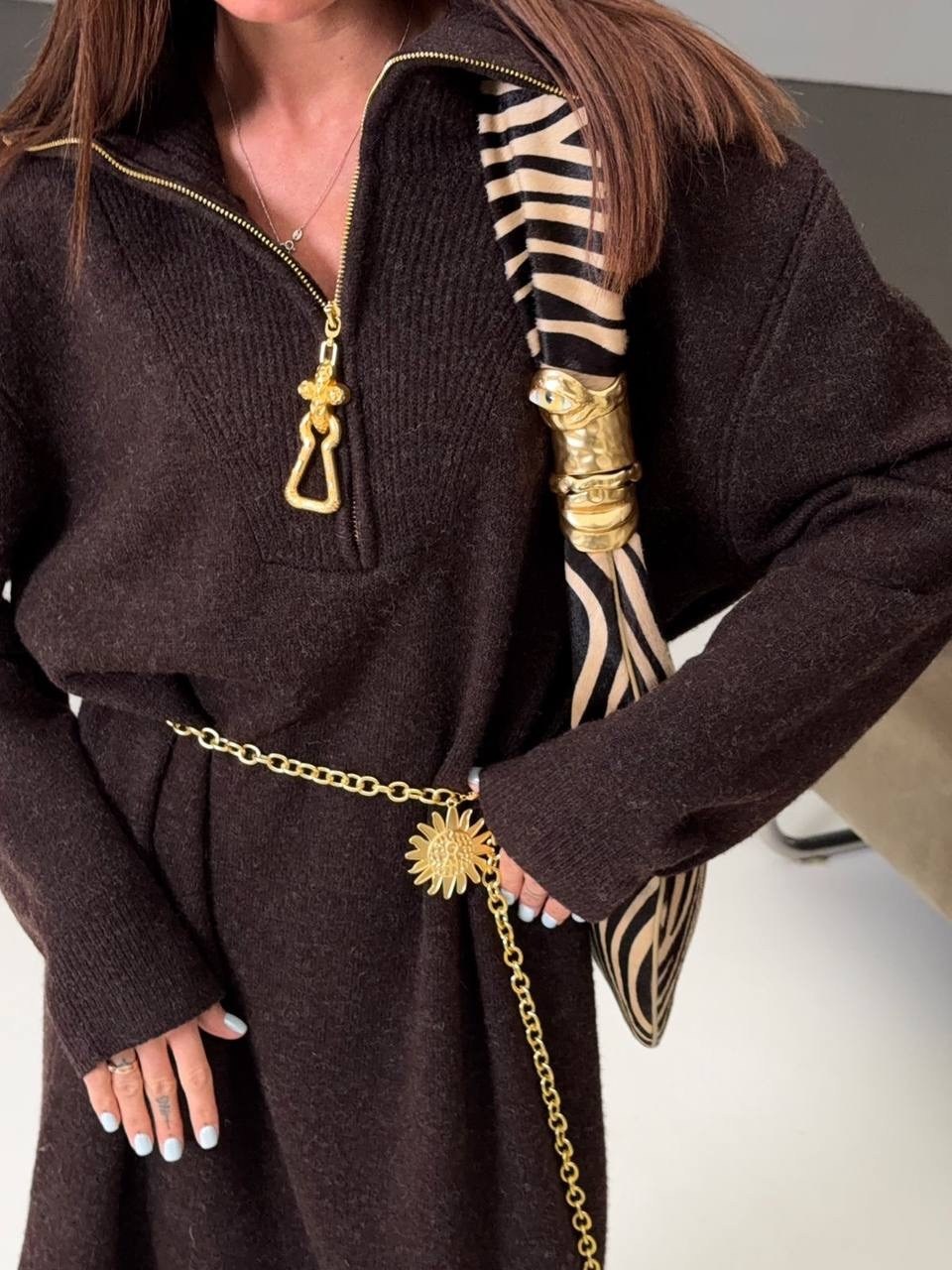 трикотажное платье,платье свитер вязаное теплое с горлом lialinni,коричневое платье,джемпер,одежда для женщин