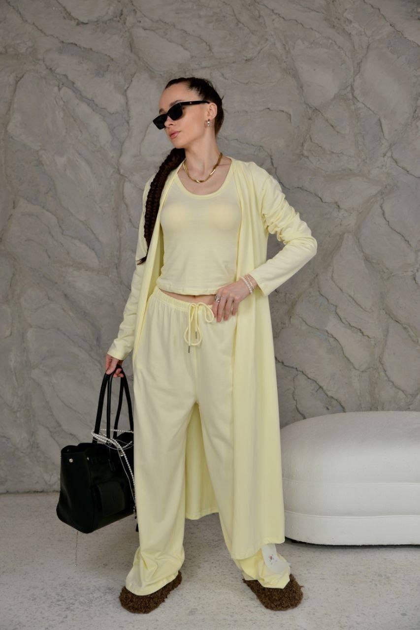 костюм тройка: кардиган, топ, брюки палаццо (плотный хлопок),стильные костюмы,костюм женский,летние костюмы,повседневный костюм