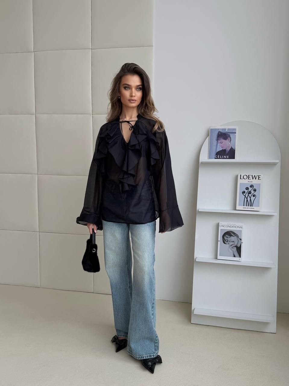 блузка с воланом,блузка прозрачная,блузы женские,шифоновая блузка черная,блузка