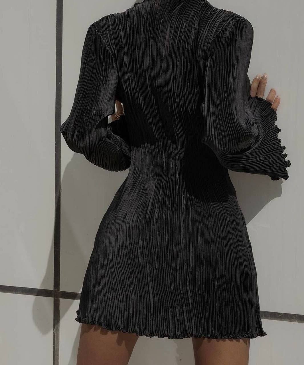 платье плиссе,2026 расклешенное плиссированное сексуальное платье с длинными рукавами,черное платье плиссе,платье букле,черное плиссированное платье