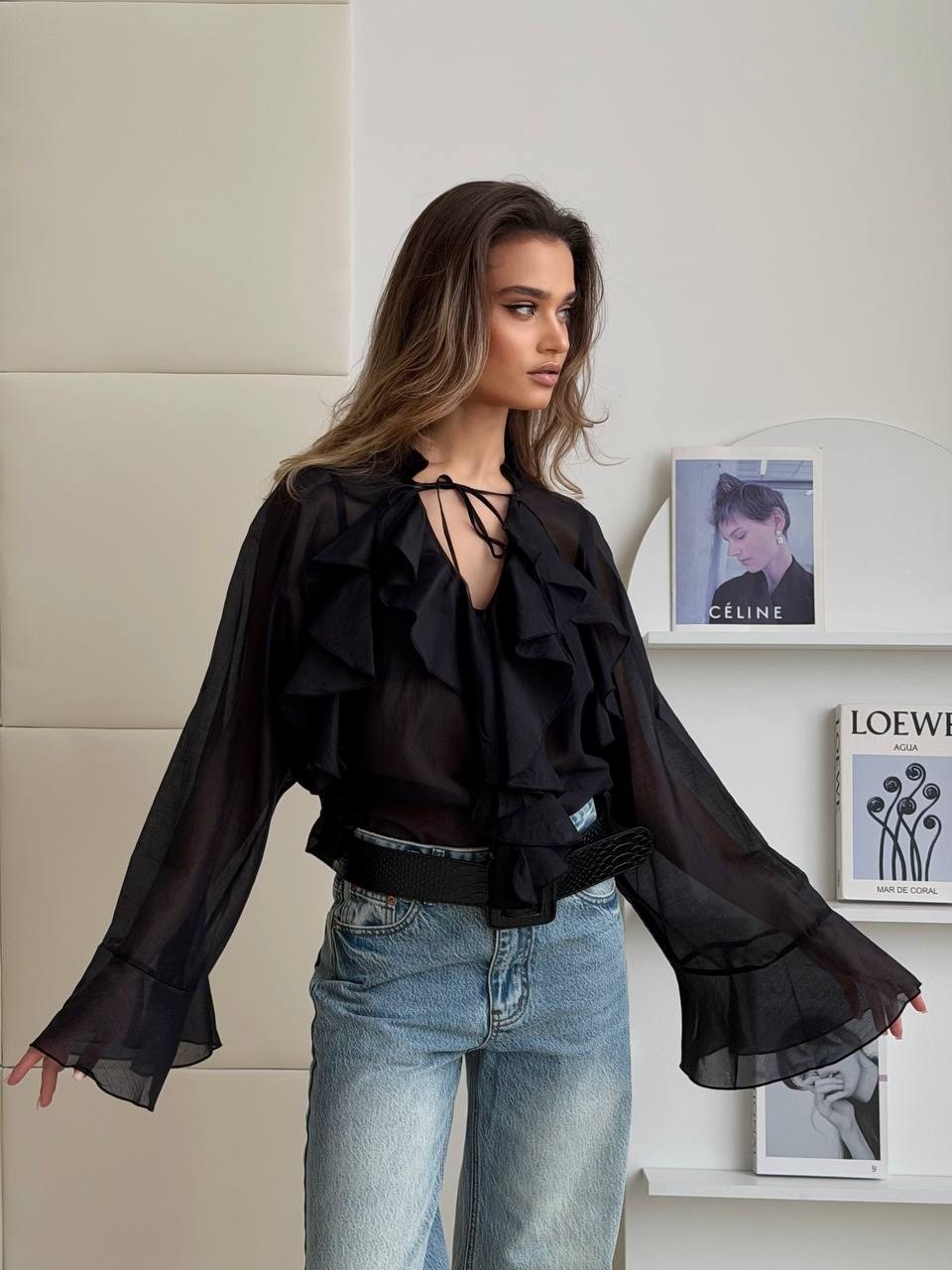 блузка с воланом,блузка прозрачная,блузы женские,шифоновая блузка черная,блузка