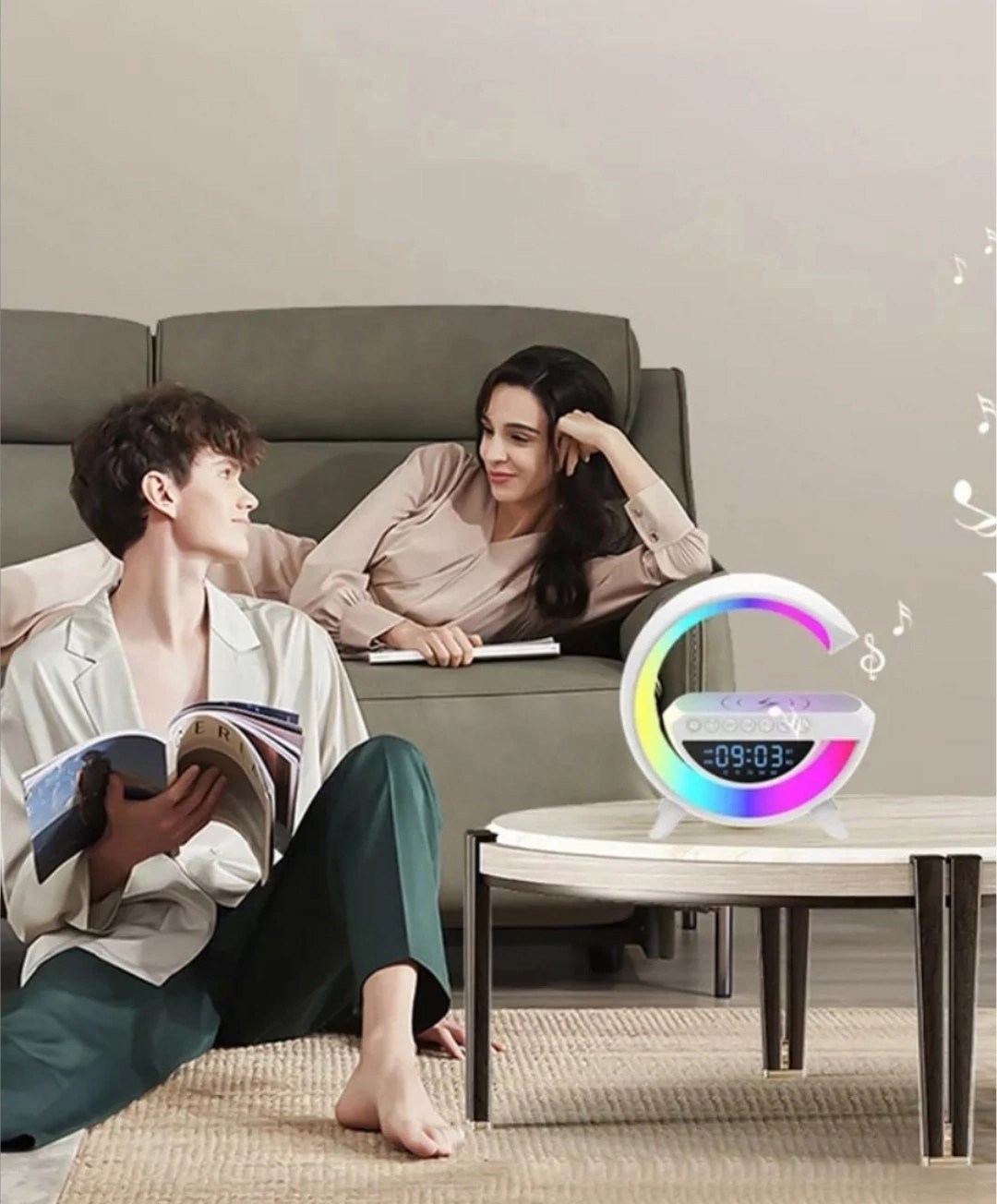 блютуз колонка ночник с беспроводной зарядкой и подсветкой,умный многофункциональный ночник светильник с будильником и функцией рассвет с встроенной зарядкой и колонкой,умный ночной светильник с bluet