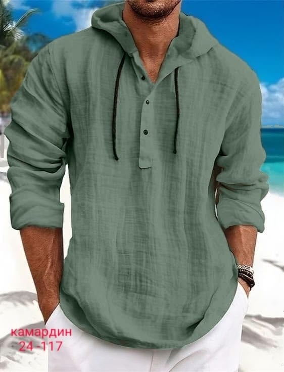 рубашка мужская льняная,рубашка мужская с капюшоном,льняная рубашка летняя,рубашка для мужчин,рубашка с капюшоном