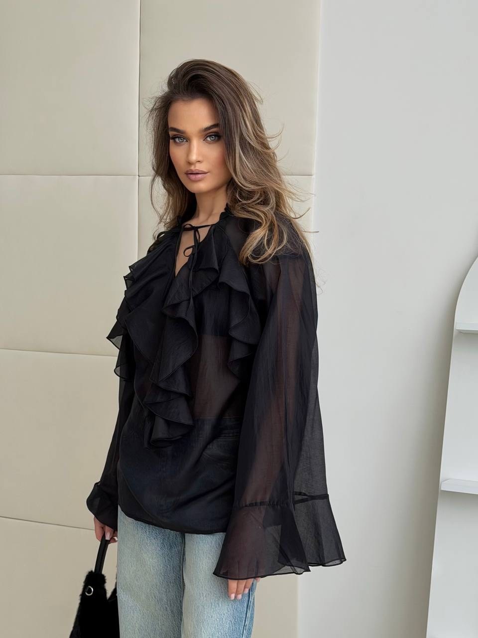 блузка с воланом,блузка прозрачная,блузы женские,шифоновая блузка черная,блузка