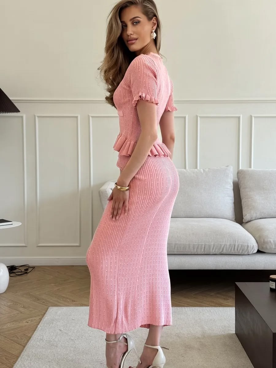 кардиган трикотажный вязаный с баской и рюшами mior,костюм трикотажный с юбкой,трикотажное платье,костюм с юбкой,вязаный трикотаж