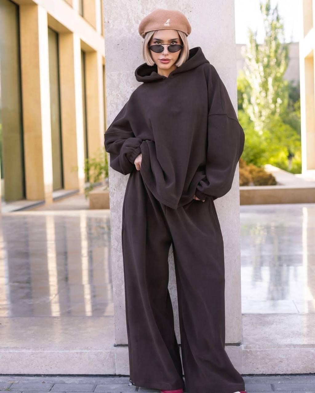 женский коричневый спортивный костюм оверсайз без принта afrogiyim,костюм (свитшот и брюки),трикотажные костюмы,толстовка с брюками,оверсайз костюм