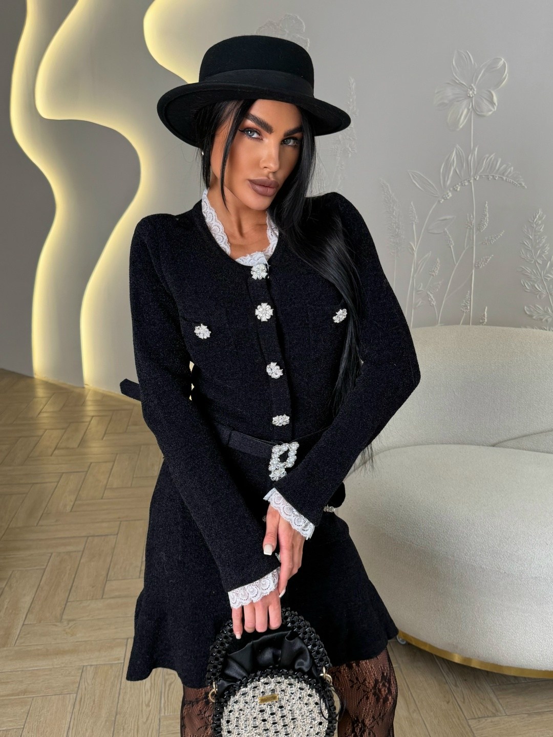 твидовое платье миди с дизайнерскими пуговицами с застежкой спереди,твидовое платье миди с дизайнерскими пуговицами с застежкой спереди sarah berlin,твидовые платья с отделкой,платье из итальянского т