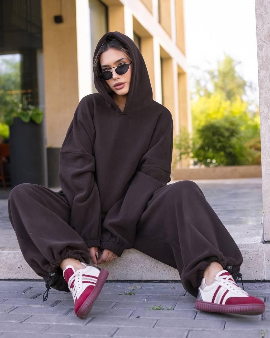 женский коричневый спортивный костюм оверсайз без принта afrogiyim,костюм (свитшот и брюки),трикотажные костюмы,толстовка с брюками,оверсайз костюм