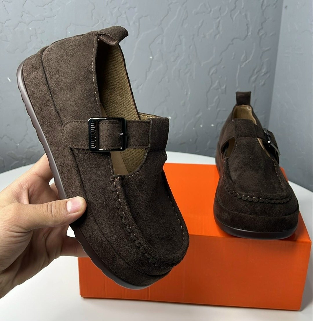 , женская,лоферы коричневые с ремешком замшевые,туфли на плоской подошве,женские туфли на плоской подошве