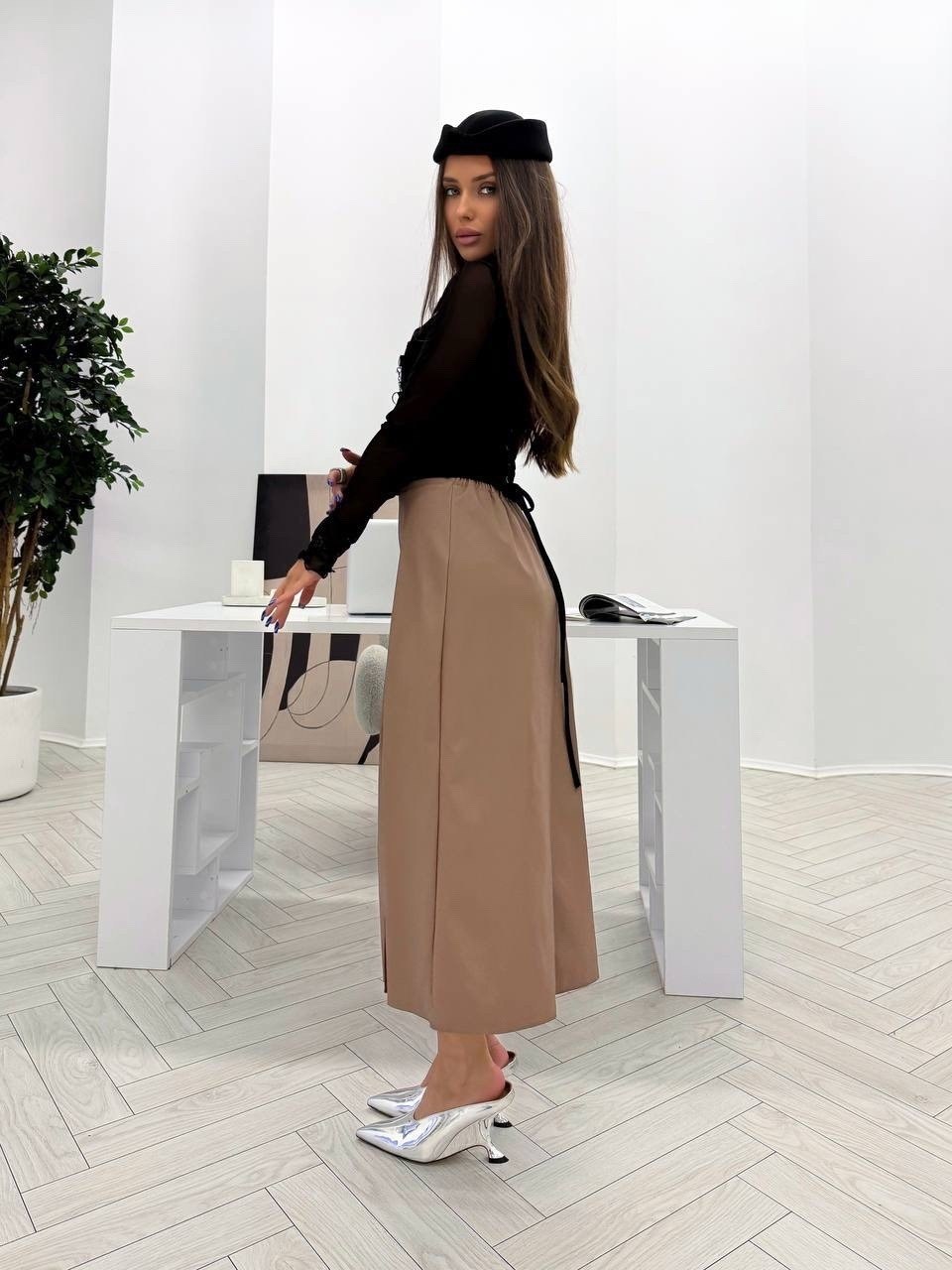 юбка миди кожаная,юбка,юбка кожаная миди с разрезом,юбка из экокожи,юбка кожаная миди с разрезом round&round