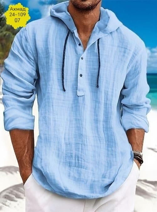 рубашка льняная мужская,рубашка мужская с капюшоном,мужская повседневная рубашка,рубашка мужская летняя,льняная рубашка летняя