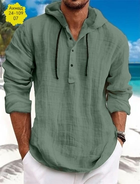 рубашка льняная мужская,рубашка мужская с капюшоном,мужская повседневная рубашка,рубашка мужская летняя,льняная рубашка летняя